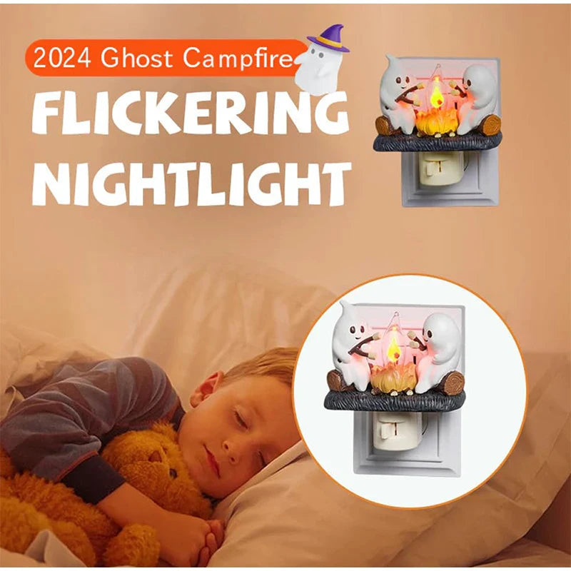 Cute Ghost Campfire Night Light Halloween Pumpkin Flickering Room Decorations Night Lights Dusk To Dawn Led Lamp Plug into Wall