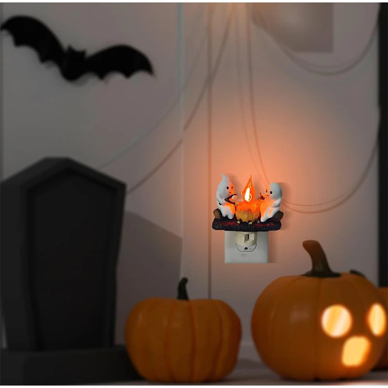 Cute Ghost Campfire Night Light Halloween Pumpkin Flickering Room Decorations Night Lights Dusk To Dawn Led Lamp Plug into Wall